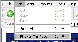 A screen shot showing how you can use your tool bar and go to Edit and then to Find (on This Page) to access the search feature of IE
